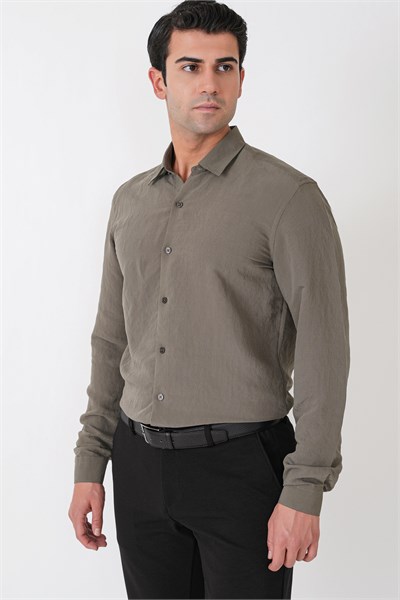 Slim Fit Modal Kumaş Çizgili Dokuma Haki Gömlek G 1609
