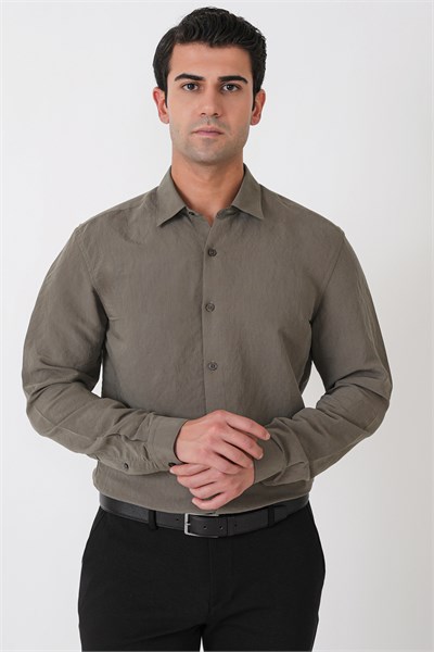 Slim Fit Modal Kumaş Çizgili Dokuma Haki Gömlek G 1609