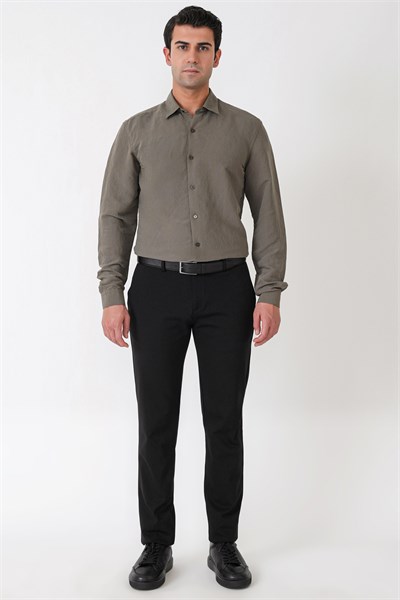 Slim Fit Modal Kumaş Çizgili Dokuma Haki Gömlek G 1609