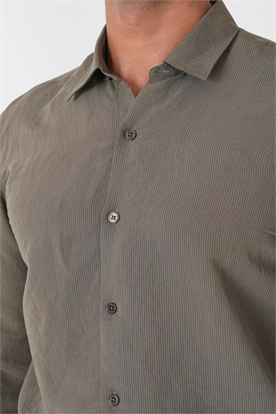 Slim Fit Modal Kumaş Çizgili Dokuma Haki Gömlek G 1609
