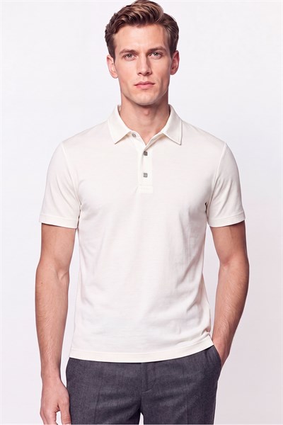 Slim Fit Modal Kumaş Ekru Çıtçıtlı Polo Yaka Tişört Ts 923