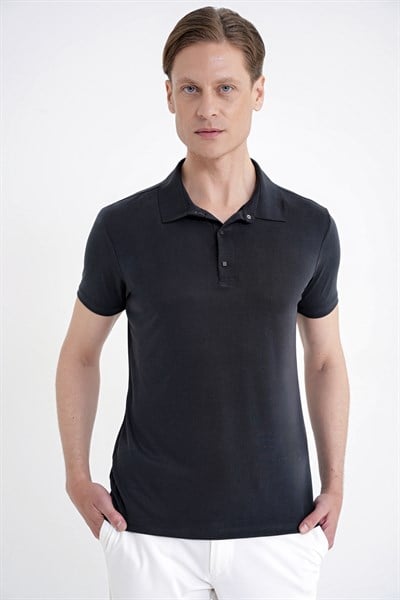 Slim Fit Modal Kumaş Siyah Çıtçıtlı Polo Yaka Tişört TS 923