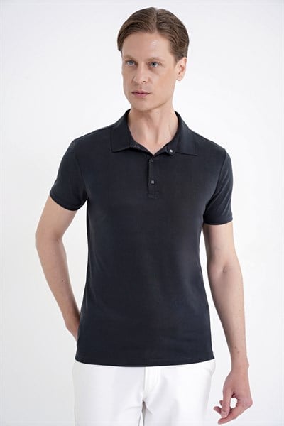 Slim Fit Modal Kumaş Siyah Çıtçıtlı Polo Yaka Tişört TS 923