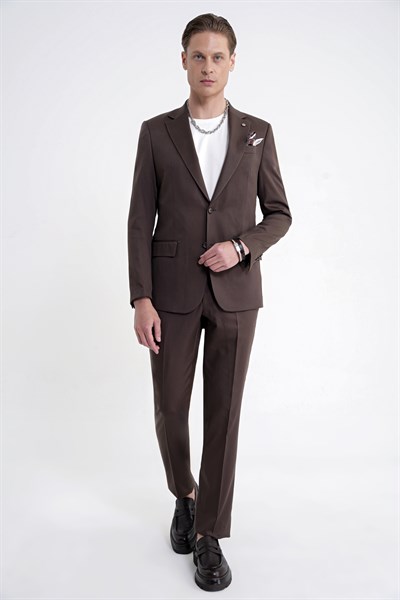 Slim Fit Mono Yaka %97 Tencel Kumaş Çift Yırtmaç Esnek Kahverengi Takım Elbise TK 941