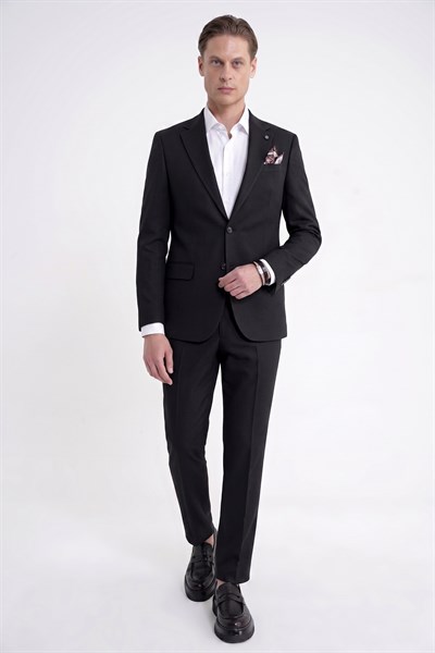 Slim Fit Mono Yaka %97 Tencel Kumaş Çift Yırtmaç Esnek Siyah Takım Elbise TK 941