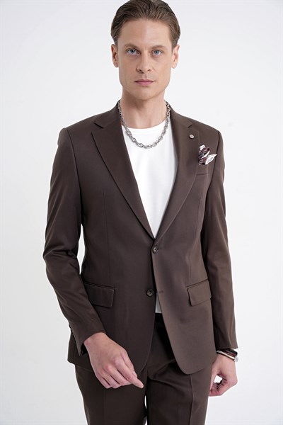 Slim Fit Mono Yaka %97 Tencel Kumaş Çift Yırtmaç Esnek Kahverengi Takım Elbise TK 941