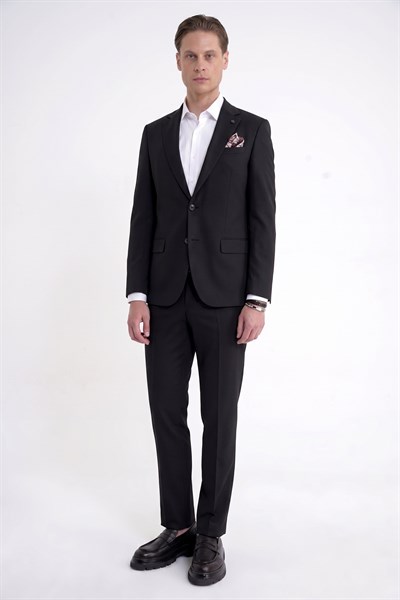 Slim Fit Mono Yaka %97 Tencel Kumaş Çift Yırtmaç Esnek Siyah Takım Elbise TK 941