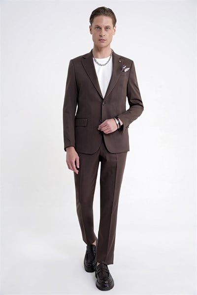 Slim Fit Mono Yaka %97 Tencel Kumaş Çift Yırtmaç Esnek Kahverengi Takım Elbise TK 941