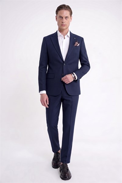 Slim Fit Mono Yaka %97 Tencel Kumaş Çift Yırtmaç Esnek Lacivert Takım Elbise TK 941