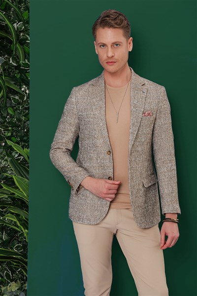 Slim Fit Mono Yaka Buklet Dokuma %100 Pamuk Kahverengi Ceket C 637