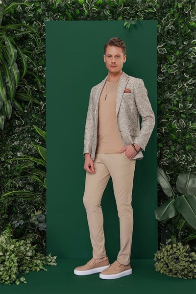 Slim Fit Mono Yaka Buklet Dokuma %100 Pamuk Bej Ceket C 637