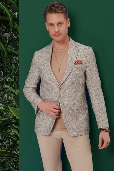 Slim Fit Mono Yaka Buklet Dokuma %100 Pamuk Bej Ceket C 637