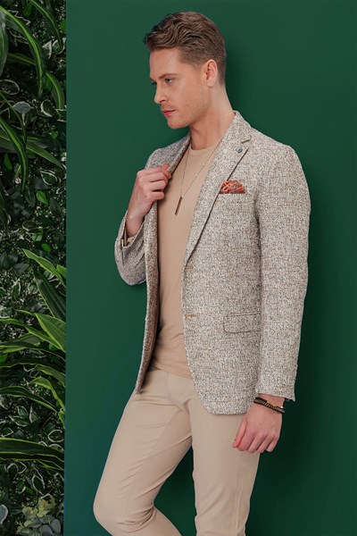 Slim Fit Mono Yaka Buklet Dokuma %100 Pamuk Bej Ceket C 637