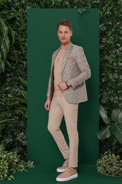Slim Fit Mono Yaka Buklet Dokuma %100 Pamuk Kahverengi Ceket C 637