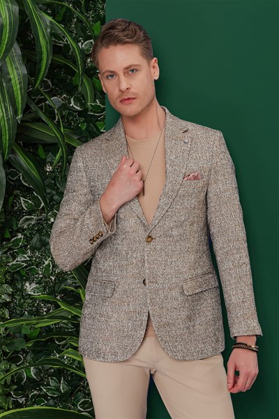Slim Fit Mono Yaka Buklet Dokuma %100 Pamuk Kahverengi Ceket C 637