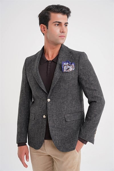Slim Fit Mono Yaka Buklet Dokuma Pamuklu Nefti Blazer Ceket C 718