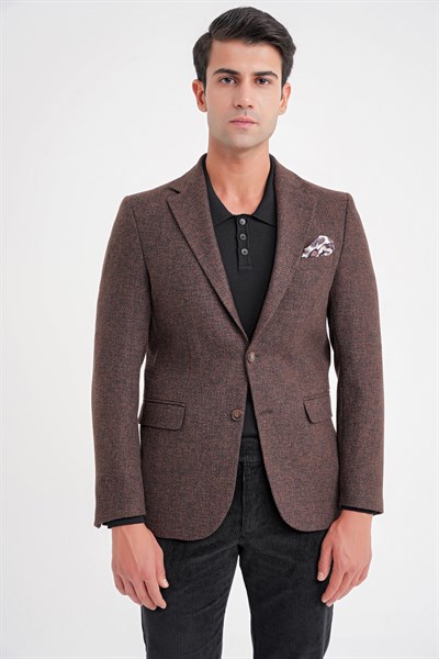 Slim Fit Mono Yaka Buklet Dokuma Pamuklu Kahverengi Blazer Ceket C 718
