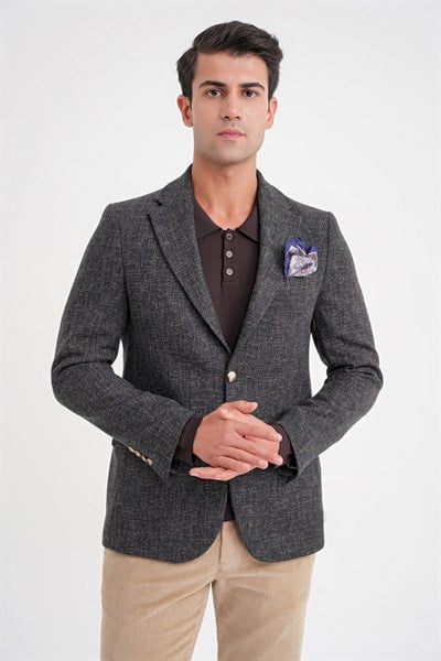 Slim Fit Mono Yaka Buklet Dokuma Pamuklu Nefti Blazer Ceket C 718