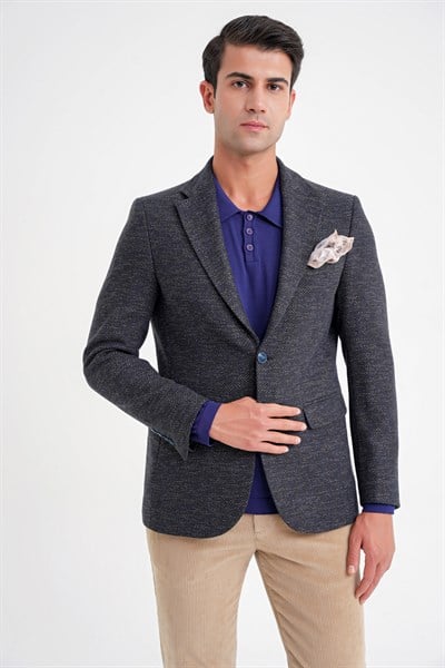 Slim Fit Mono Yaka Buklet Dokuma Pamuklu Lacivert Blazer Ceket C 718