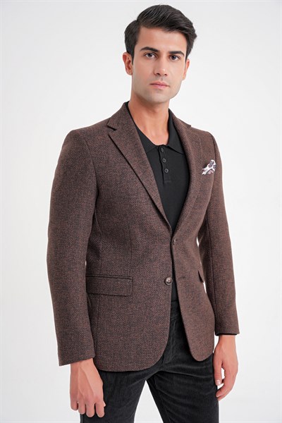 Slim Fit Mono Yaka Buklet Dokuma Pamuklu Kahverengi Blazer Ceket C 718