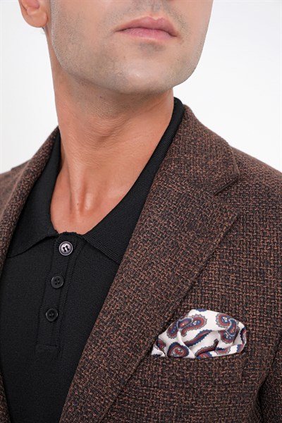 Slim Fit Mono Yaka Buklet Dokuma Pamuklu Kahverengi Blazer Ceket C 718