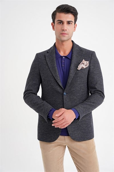 Slim Fit Mono Yaka Buklet Dokuma Pamuklu Lacivert Blazer Ceket C 718