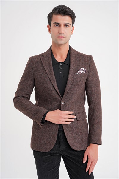 Slim Fit Mono Yaka Buklet Dokuma Pamuklu Kahverengi Blazer Ceket C 718