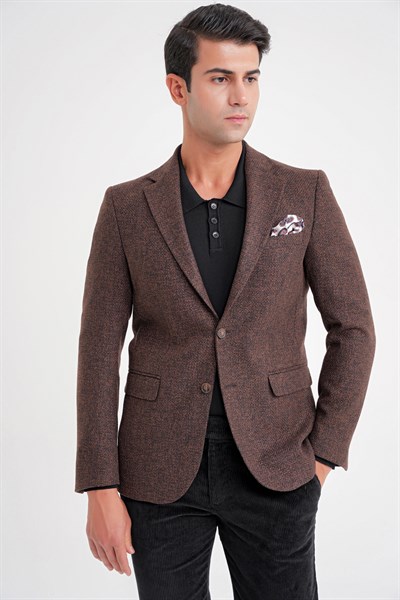 Slim Fit Mono Yaka Buklet Dokuma Pamuklu Kahverengi Blazer Ceket C 718