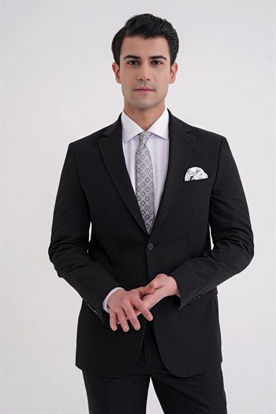 Slim Fit Mono Yaka Çift Yırtmaç Düz Siyah Klasik Takım Elbise TK 938