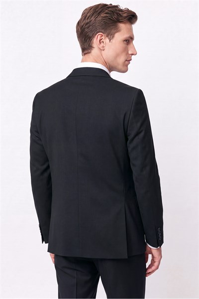 Slim Fit Mono Yaka Çift Yırtmaç Esnek Yünlü Siyah Takım Elbise TK 947