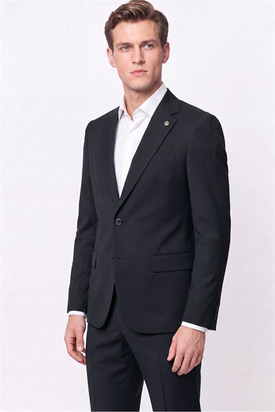 Slim Fit Mono Yaka Çift Yırtmaç Esnek Yünlü Siyah Takım Elbise TK 947