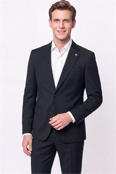 Slim Fit Mono Yaka Çift Yırtmaç Esnek Yünlü Siyah Takım Elbise TK 947