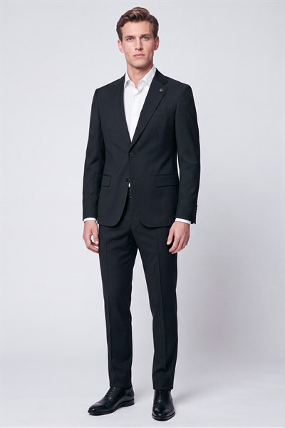 Slim Fit Mono Yaka Çift Yırtmaç Esnek Yünlü Siyah Takım Elbise TK 947