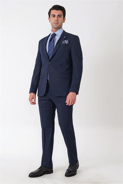 Slim Fit Mono Yaka Çift Yırtmaç Esnek Yünlü Lacivert Takım Elbise TK 947