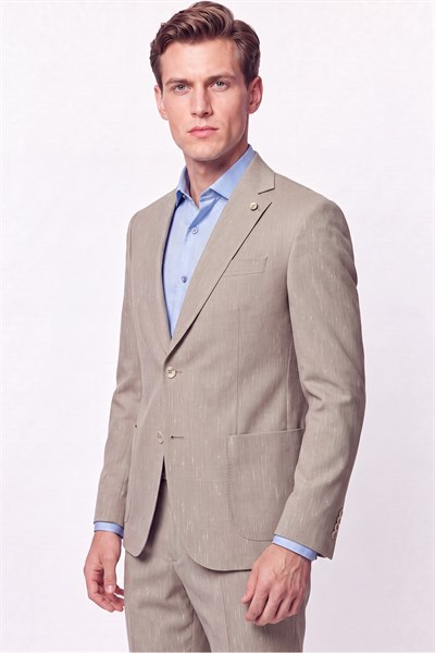 Slim Fit Mono Yaka Çift Yırtmaç Koyu Bej Keten Takım Elbise TK 952