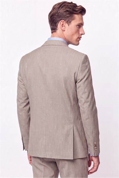 Slim Fit Mono Yaka Çift Yırtmaç Koyu Bej Keten Takım Elbise TK 952