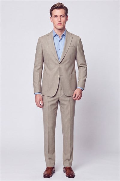 Slim Fit Mono Yaka Çift Yırtmaç Koyu Bej Keten Takım Elbise TK 952