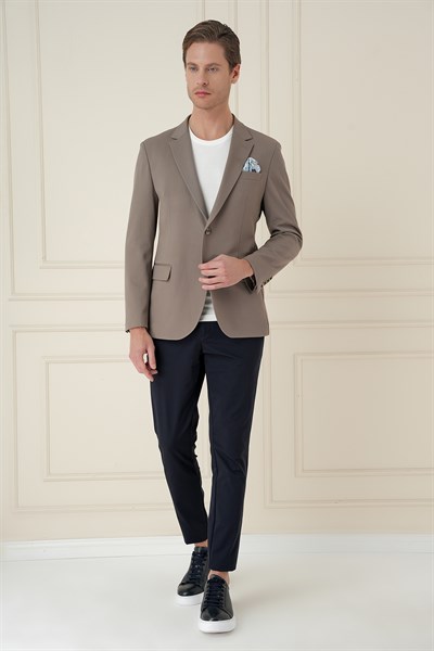 Slim Fit Mono Yaka Çift Yırtmaç Pamuklu Bej Blazer Ceket C 691