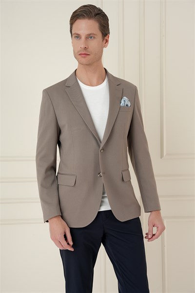 Slim Fit Mono Yaka Çift Yırtmaç Pamuklu Bej Blazer Ceket C 691
