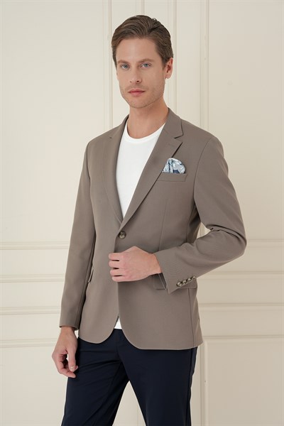 Slim Fit Mono Yaka Çift Yırtmaç Pamuklu Bej Blazer Ceket C 691