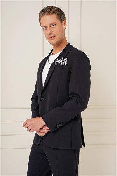 Slim Fit Mono Yaka Çift Yırtmaç Pamuklu Siyah Blazer Ceket C 691