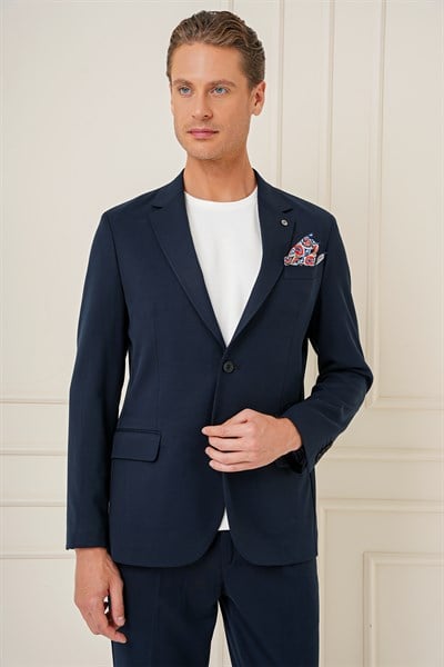 Slim Fit Mono Yaka Çift Yırtmaç Pamuklu Lacivert Blazer Ceket C 691