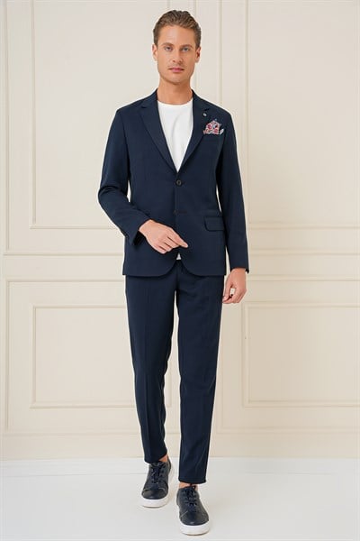 Slim Fit Mono Yaka Çift Yırtmaç Pamuklu Lacivert Blazer Ceket C 691