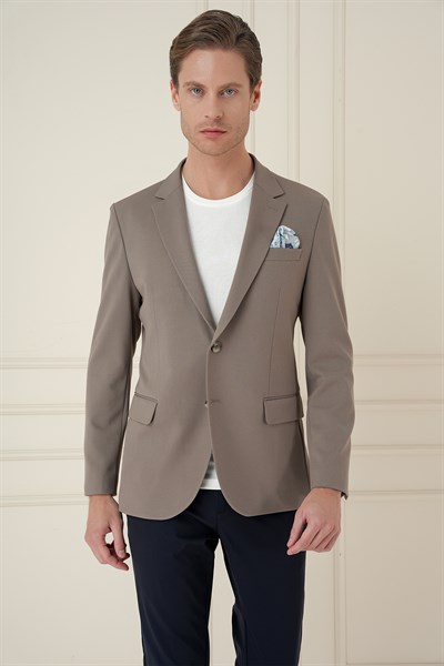 Slim Fit Mono Yaka Çift Yırtmaç Pamuklu Bej Blazer Ceket C 691