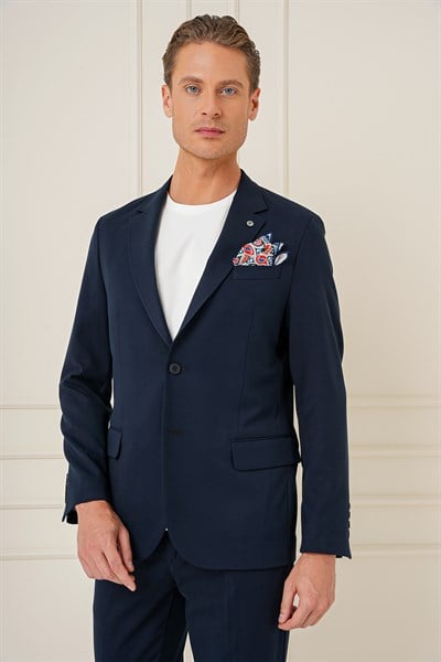 Slim Fit Mono Yaka Çift Yırtmaç Pamuklu Lacivert Blazer Ceket C 691