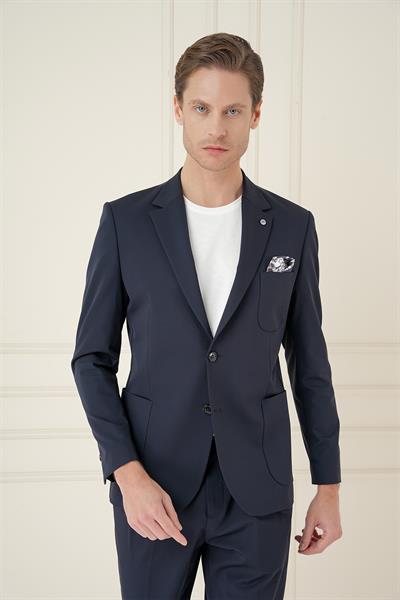 Slim Fit Mono Yaka Çift Yırtmaç Torba Cep Casual Lacivert Ceket C 697
