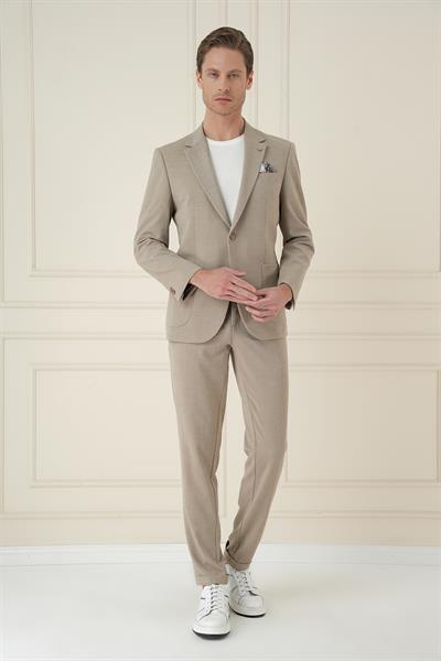 Slim Fit Mono Yaka Çift Yırtmaç Torba Cep Casual Bej Ceket C 698