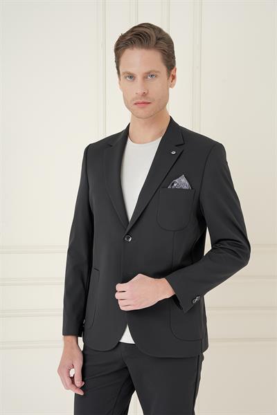 Slim Fit Mono Yaka Çift Yırtmaç Torba Cep Casual Siyah Ceket C 697
