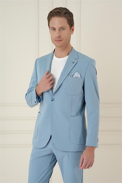 Slim Fit Mono Yaka Çift Yırtmaç Torba Cep Casual Havacı Mavi Ceket C 697