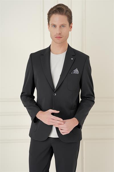 Slim Fit Mono Yaka Çift Yırtmaç Torba Cep Casual Siyah Ceket C 697